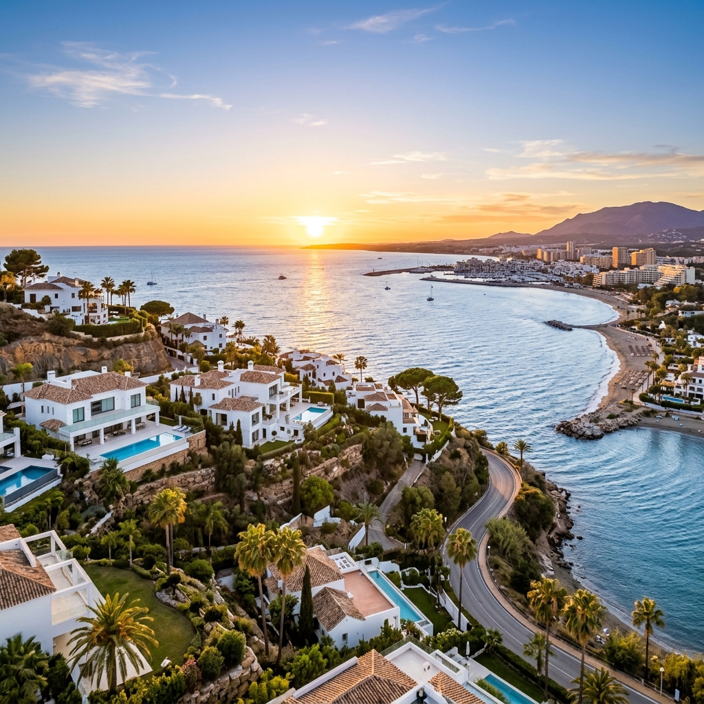 Costa del Sol panoramic coastline at sunset